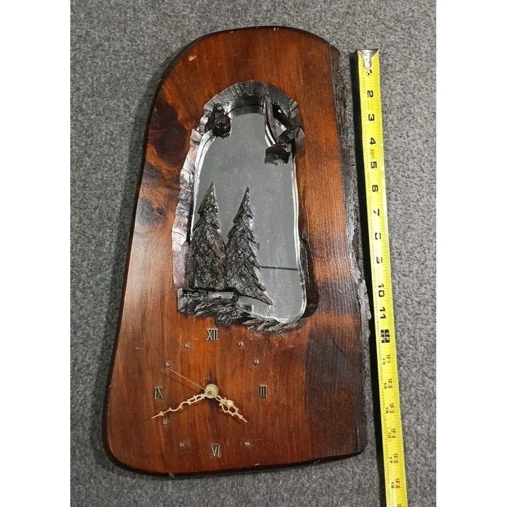 Vintage Rustic Wood Carved Wall Clock Trees Bird With Mirror Tested Working